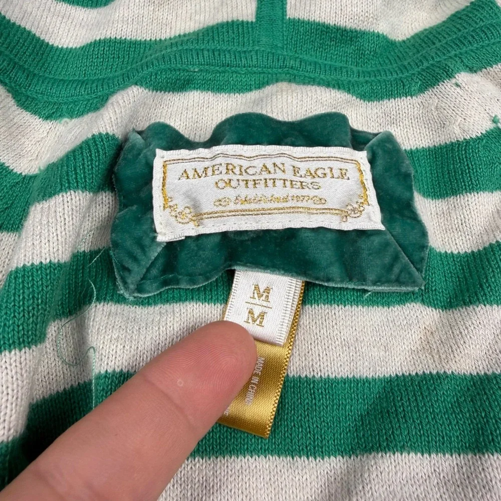 American Eagle Women Hoodie Sweater Striped V-Neck Knit Green White M